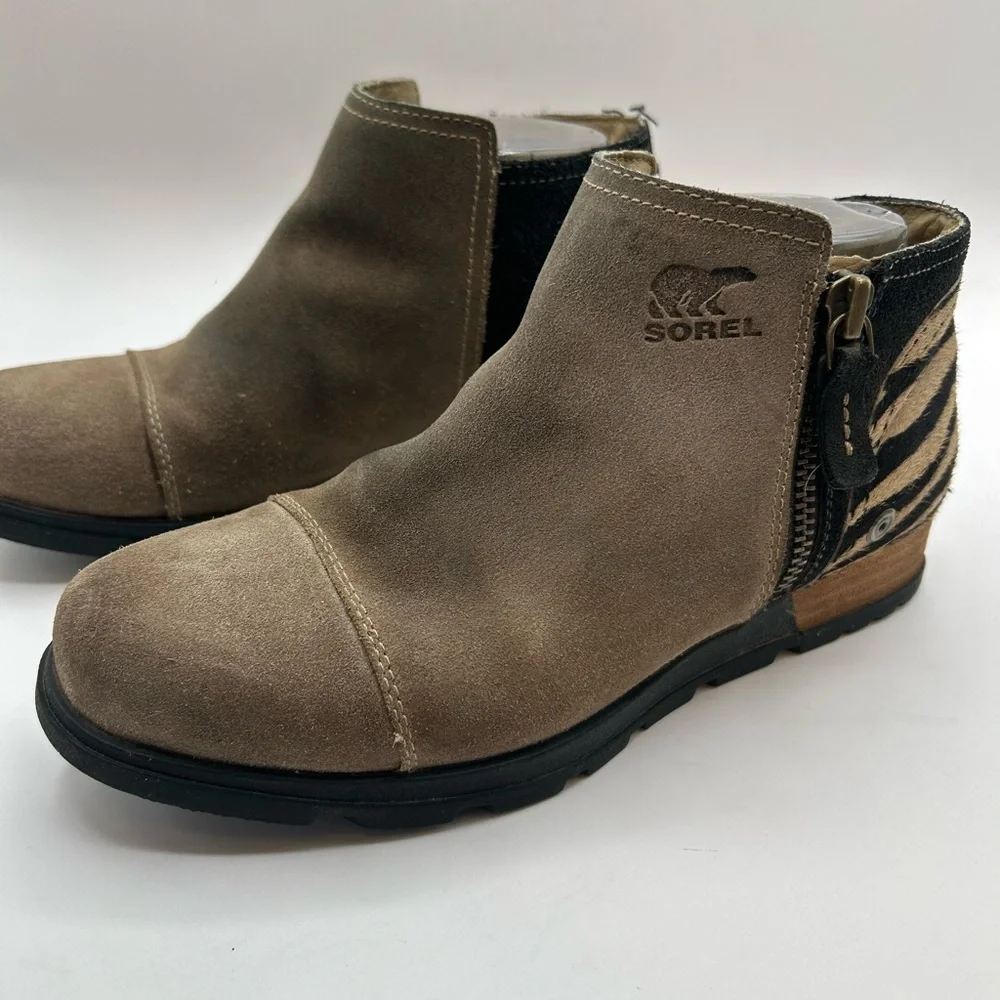 Sorel Major Low Ankle Boots Booties Shoes Womens SZ 7.5 Beige Suede Fur Leather